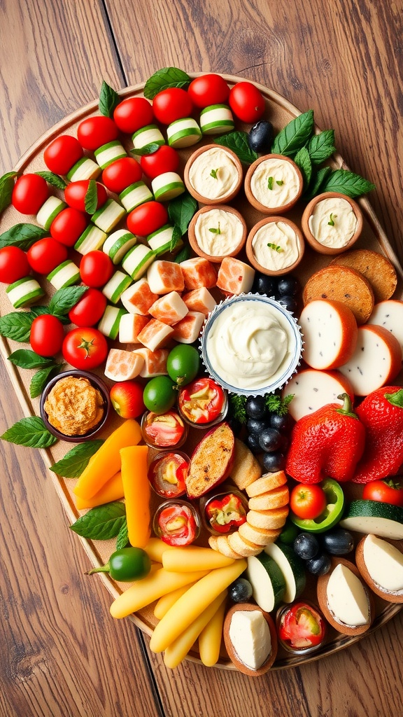 A diverse selection of cold appetizers including Caprese skewers, cucumber hummus bites, smoked salmon canapés, stuffed mini peppers, and a cheese and fruit platter on a wooden table.